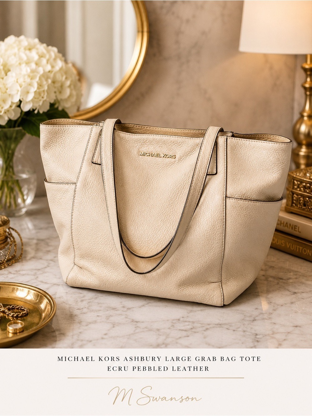 Michael Kors Ashbury Large Grab Bag Tote Ecru Pebbled Leather Work Travel Bag